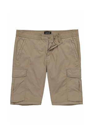 Beige Herren-Cargoshorts mit seitlichen und vorderen Taschen, Knopfverschluss und Gürtelschlaufen, flach auf weißem Hintergrund dargestellt.