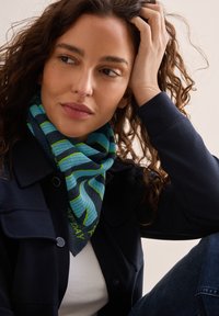 Blå- og grønstribet tørklæde i let stof med et bølget mønster og tekst, båret om halsen imod en mørk jakke og en hvid top.