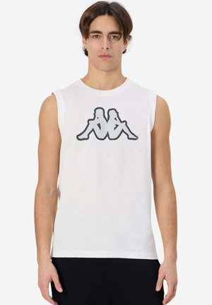 T-shirt senza maniche bianco in cotone con una grande grafica del logo nero sul davanti. Scollo rotondo semplice, vestibilità comoda, senza decorazioni.