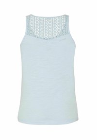 Haut sans manches bleu clair avec des détails en dentelle sur le haut du dos et une couture diagonale subtile sur le devant.