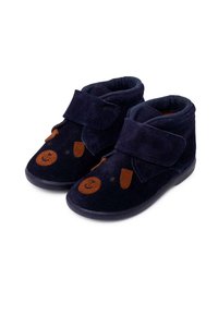 Scarpe bootie in velluto blu navy con una texture morbida, con design a faccia d'orso e dettagli marroni. Chiusura con strap in Velcro per una facile vestibilità.