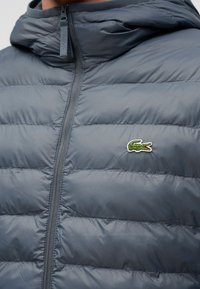 Doudoune matelassée gris foncé avec col montant, fermeture éclair frontale et petit logo crocodile vert sur la poitrine.