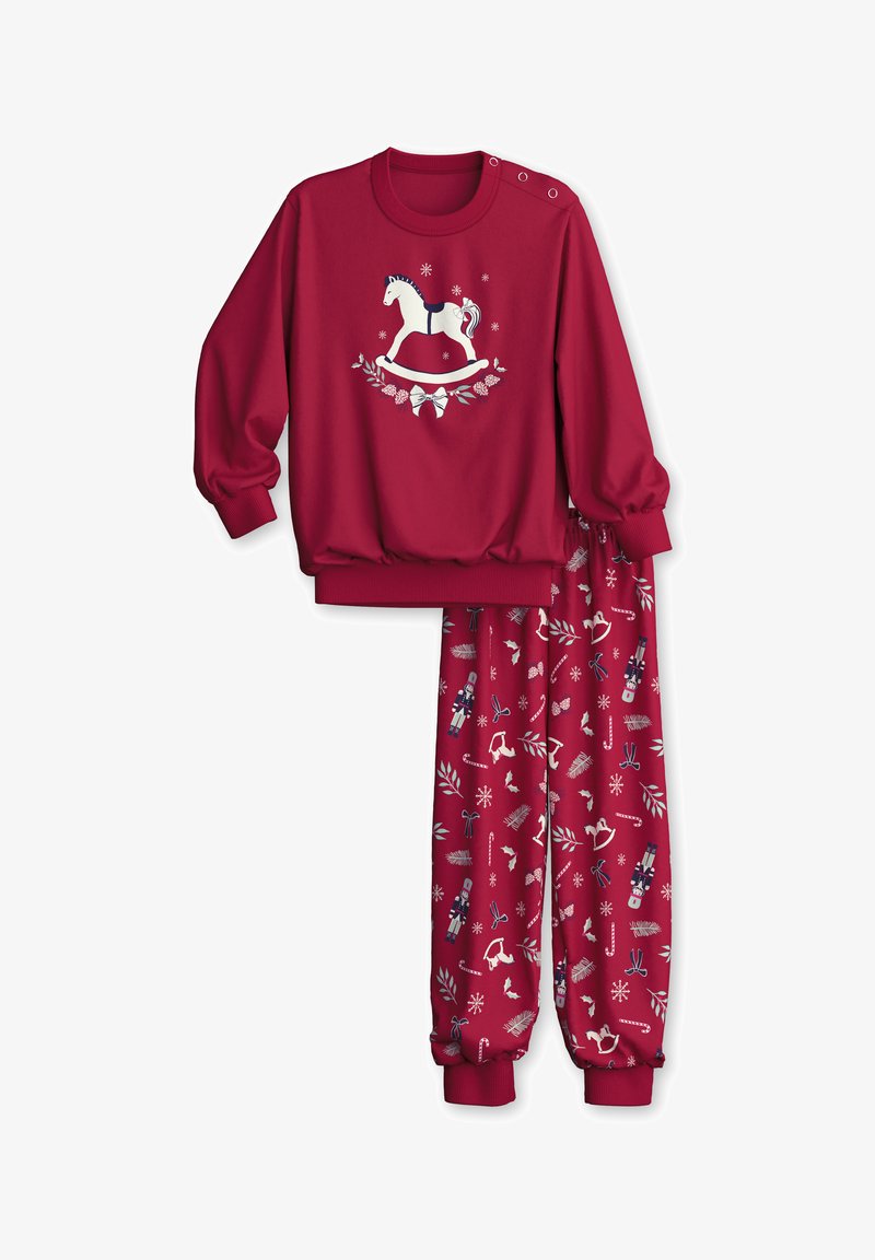 Red sweatshirt with long sleeves and a rocking horse graphic, paired with matching red pajama pants featuring a festive pattern of toys and snowflakes.