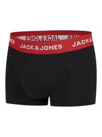 Boxers noirs avec une ceinture élastique rouge arborant "JACK & JONES" en lettres blanches. Tissu lisse avec un design ajusté et sans motifs visibles.
