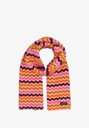 Mīksta šalle ar zigzaga rakstu rozā, oranžā, brūnā un zelta krāsā. Materiāls ir maigs ar siltu tekstūru. Redzama zīmola birka.