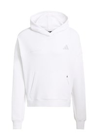 Λευκό cropped φούτερ με κουκούλα από λείο ύφασμα, με μπροστινή τσέπη, κορδόνι στην κουκούλα και διακριτικό γκρι λογότυπο στο στήθος και το μανίκι.