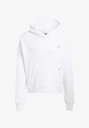 Λευκό cropped φούτερ με κουκούλα από λείο ύφασμα, με μπροστινή τσέπη, κορδόνι στην κουκούλα και διακριτικό γκρι λογότυπο στο στήθος και το μανίκι.