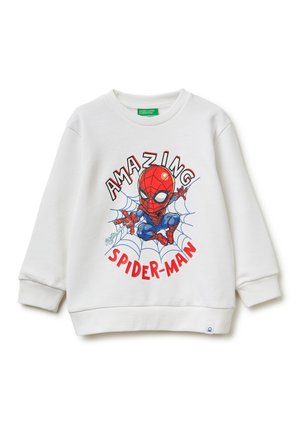 Felpa bianca per bambini con un cartone animato di Spider-Man che lancia ragnatele, circondato dalle parole "AMAZING SPIDER-MAN" e da un disegno di ragnatela blu.