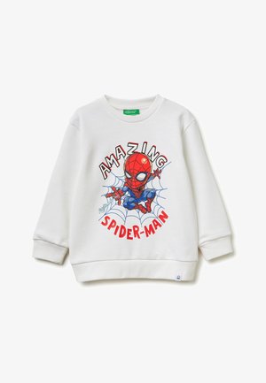Sudadera blanca para niños con un dibujo animado de Spider-Man lanzando telarañas, rodeado por las palabras "AMAZING SPIDER-MAN" y un diseño de telaraña azul.