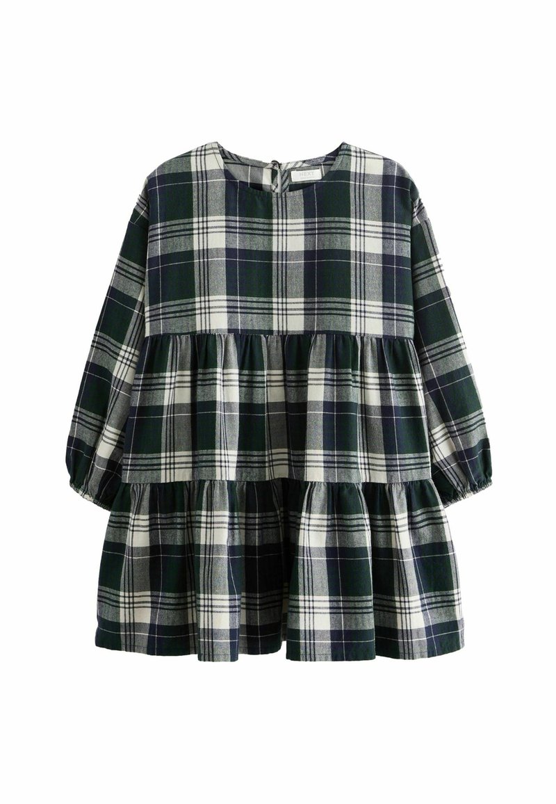 Robe à manches longues à volants avec motif à carreaux bleu marine, blanc et gris et poignets élastiques, conçue pour un enfant.