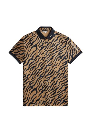 Brown polo shirt with a black tiger stripe pattern, a black collar, and brand logo detailing on the sleeve. Made from breathable fabric.