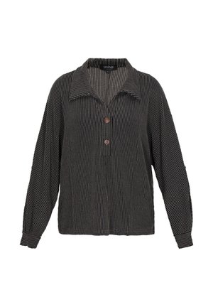 Zwart-wit gestreepte cardigan met lange mouwen, kraag en twee bruine knopen aan de voorkant, gemaakt van gestructureerde gebreide stof.