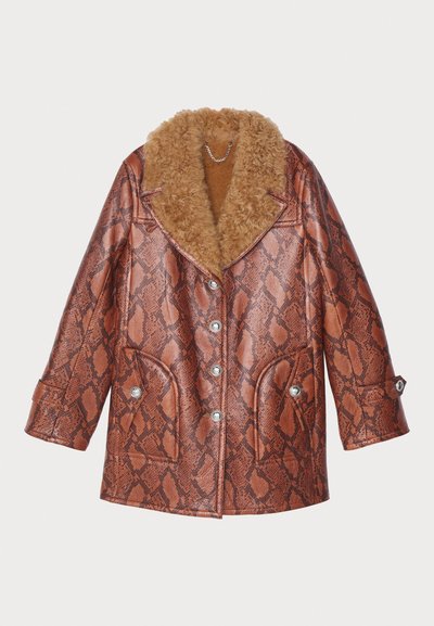 Brown faux leather coat with snake print, oversized fur collar, wide sleeves, and snap button closure; features two side pockets.
