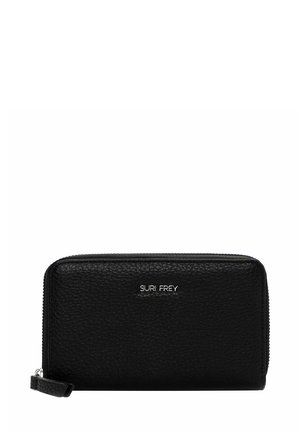 Black leather wallet with textured surface, zip closure, and a silver brand logo on the front. Compact rectangular shape.