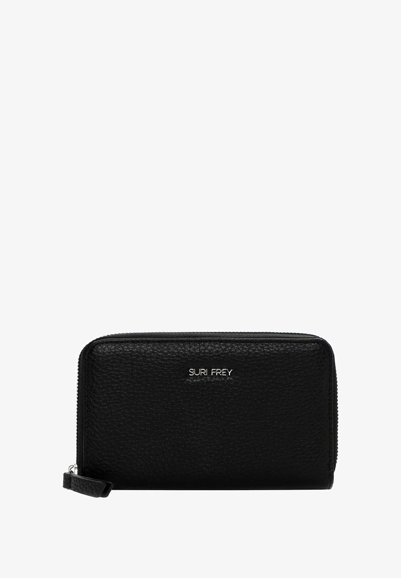 Black leather wallet with textured surface, zip closure, and a silver brand logo on the front. Compact rectangular shape.