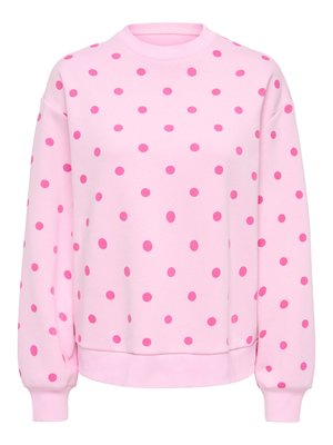 Sweat-shirt rose avec un col rond, des manches longues et des poignets côtel és. Présente un motif de points rose vif sur un tissu rose clair.