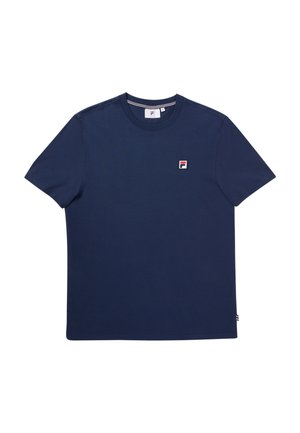 Marineblaues T-Shirt mit kurzen Ärmeln und Rundhalsausschnitt, mit einem kleinen rot-weiß-blauen Logo-Patch auf der linken Brust.