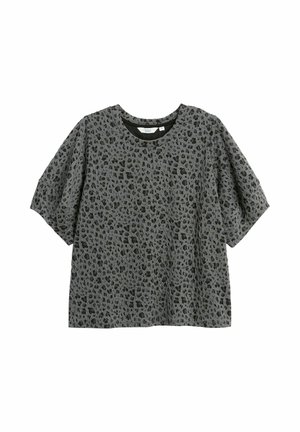 Grijze korte mouwen top met een luipaardpatroon. Gemaakt van zachte stof met een ronde halslijn en een losse pasvorm.