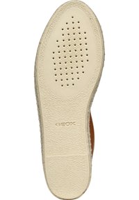 White rubber sole with textured surface and ventilation holes, featuring the "GEOX" logo on the side. The edge has a beige accent.