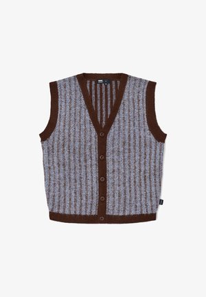 Cardigan sin mangas a rayas marrón y azul con escote en V y cinco botones en el frente; tejido de punto texturizado con un patrón acanalado.