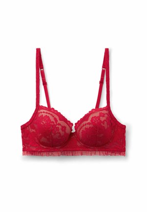 Soutien-gorge en dentelle rouge avec des bonnets rembourrés, des motifs floraux, des bords festonnés et des bretelles réglables. Texture douce avec un volant au niveau de la bande.