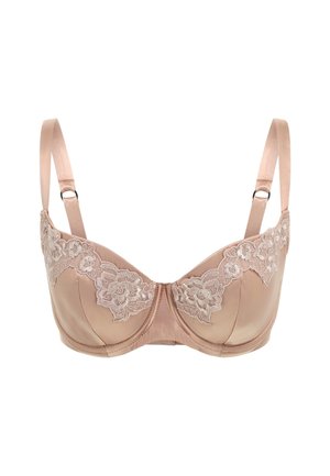Underwire bra in soft beige satin, featuring delicate white lace detailing along the top edge. Adjustable satin straps; smooth texture.