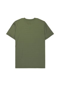 T-shirt vert olive, manches courtes, col rond, en tissu lisse, avec une coupe standard sans décorations ni motifs apparents.