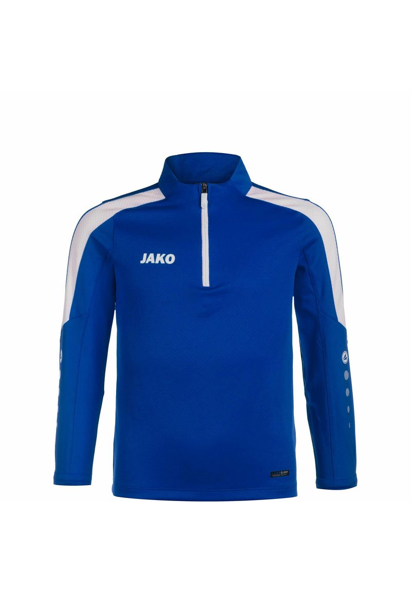 Giacca sportiva blu con collo a zip parziale, dettagli bianchi sulle spalle, logo JAKO sul davanti e aperture per il pollice sulle maniche. Tessuto strutturato.