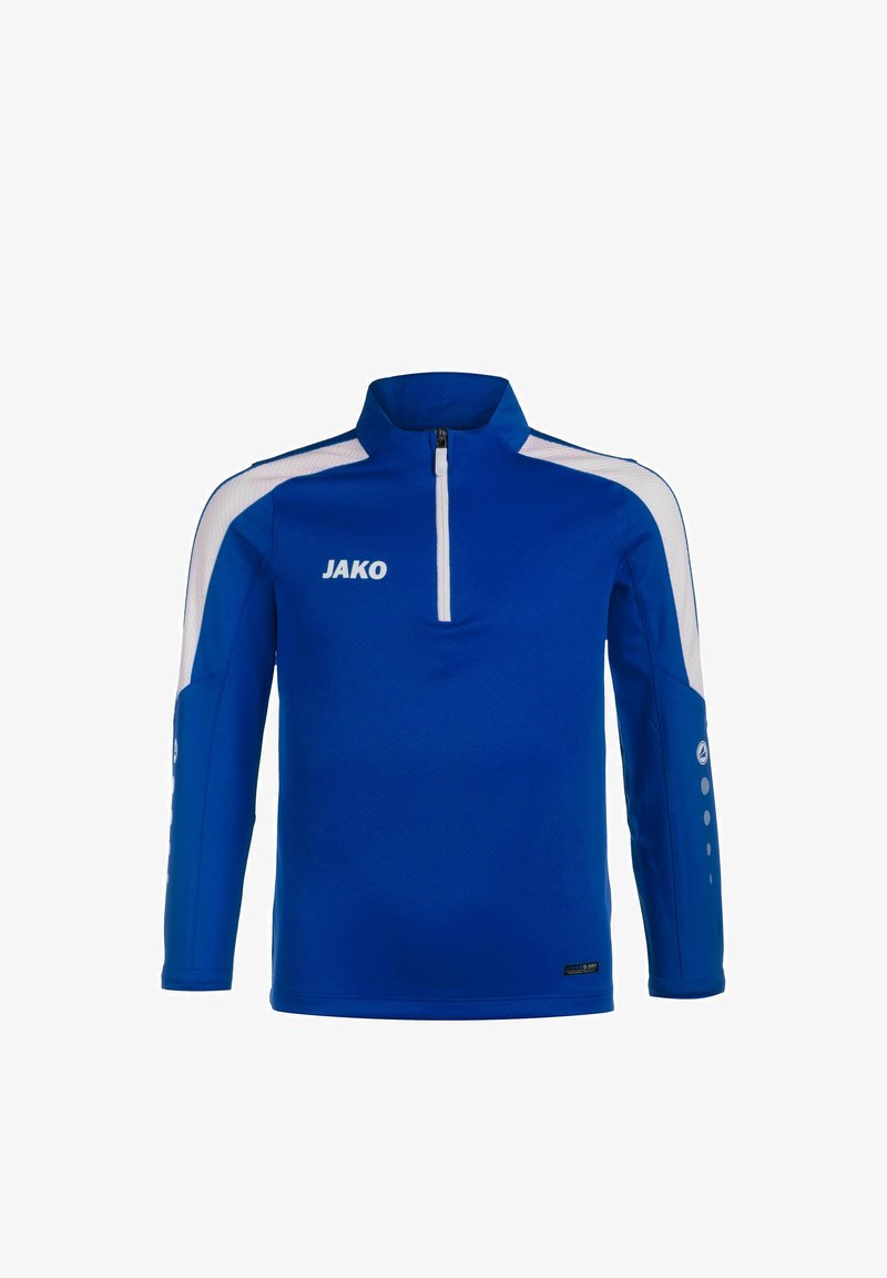 Giacca sportiva blu con collo a zip parziale, dettagli bianchi sulle spalle, logo JAKO sul davanti e aperture per il pollice sulle maniche. Tessuto strutturato.