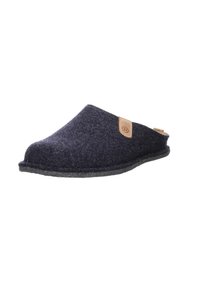 Tamno sivi filc papuč s zaobljenim vrhom, bez petnog dijela i malim kožnim detaljem sa strane. Mekana tekstura i ravna potplat.