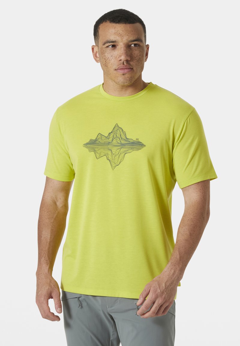 Camiseta de manga corta de color verde lima con un gráfico de alambre de montaña negra centrado en el pecho, hecha de material ligero y transpirable.