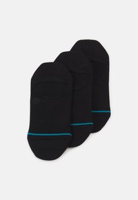 Drei Paar schwarze Knöchelsocken mit einem kontrastierenden türkisfarbenen Streifen in der Mitte des Fußes. Hergestellt aus weichem, dehnbarem Material und mit einem nahtlosen Design.