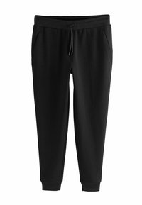 Zwarte joggingsbroek van zacht materiaal met een trekkoord in de taille, zijzakken en aansluitende boorden bij de enkels. Gladde textuur, geen patronen.