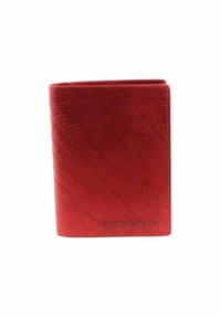 Red leather wallet with a smooth texture, rectangular shape, and visible stitching. Features embossed brand name on the front.