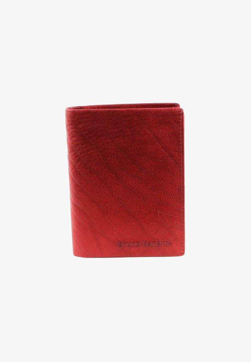 Red leather wallet with a smooth texture, rectangular shape, and visible stitching. Features embossed brand name on the front.