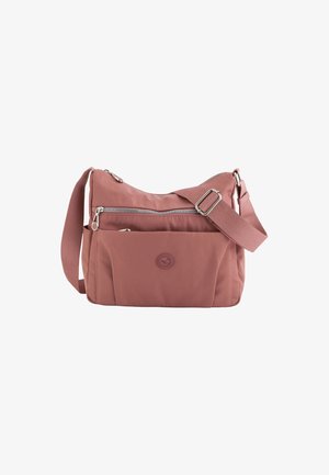 Rosa Nylon Schultertasche mit einem Reißverschluss oben, Vordertasche, verstellbarem Trageriemen und einem runden Logoakzent auf der Vorderseite. Glatte Textur.