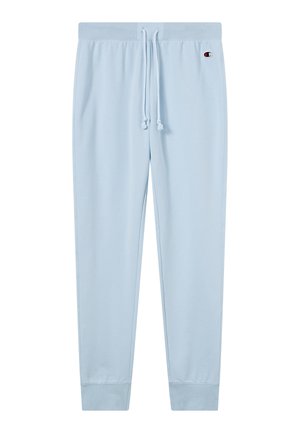 Hellblaue Champion-Sweatpants mit elastischem Bund, Kordelzug, gerippten Bündchen und kleinem Logo am oberen linken Oberschenkel.