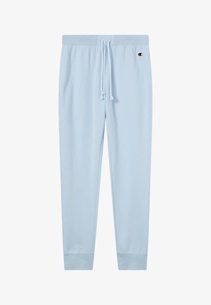 Jasnoniebieskie spodnie dresowe Champion z elastycznym pasem, sznurkiem do regulacji, ściągaczami i małym logo na górnej lewej udzie.