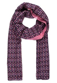 Écharpe légère de couleur marine avec un motif de pois roses et crème ; tissu semi-transparent avec une texture lisse et des bords finis.