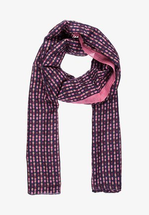 Écharpe légère de couleur marine avec un motif de pois roses et crème ; tissu semi-transparent avec une texture lisse et des bords finis.