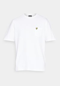 T-shirt bianco in cotone con maniche corte, scollo rotondo e una tasca sul petto sinistro con un piccolo logo di una farfalla gialla.