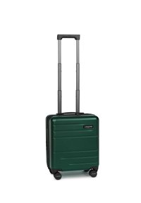 Valigia rigida verde con striature verticali, manico retrattile nero e quattro ruote. Presenta una piastra con il logo sul fronte.