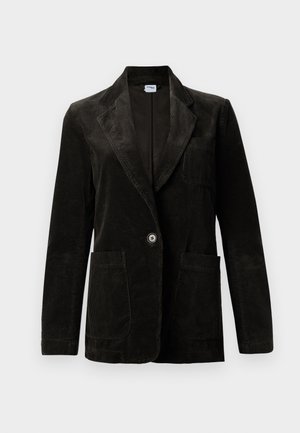 Zwarte corduroy blazer met een notch-kraag, sluiting met één knoop, borstzak en twee voorzakken. Gestructureerde stof met verticale strepen.