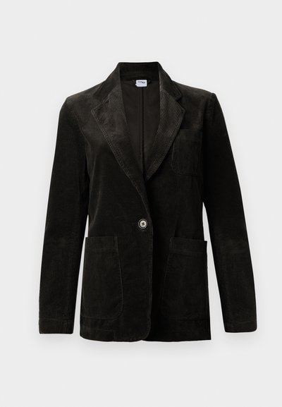 Black corduroy blazer with a notched lapel, single button closure, chest pocket, and two front pockets. Textured fabric with vertical stripes.