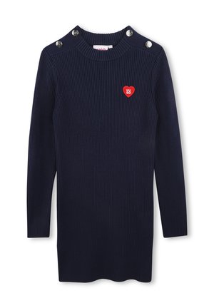 Robe bleu marine côtelée à manches longues avec boutons argentés aux épaules et écusson logo cœur rouge avec "HUGO" sur la poitrine.