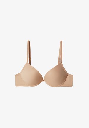 Hellbeige gepolsterter BH mit verstellbaren Trägern, glatten Schalen und einem Haken- und Ösenverschluss. Besitzt ein einfaches Design und eine weiche Textur.
