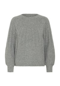 Maglione grigio lavorato a maglia con collo rotondo a costine e maniche lunghe voluminose, caratterizzato da strisce verticali testurizzate su tutto il corpo.