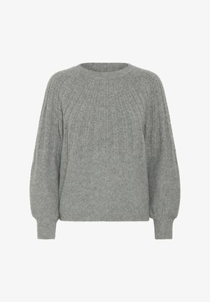 Un pull en tricot gris avec un col rond côtelé et des manches longues volumineuses, présentant des rayures verticales texturées sur le corps.
