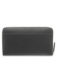 Black leather wallet with a textured surface, zip closure, and a side strap for easy carrying. Features sleek, minimalistic design.