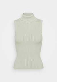Top sin mangas de cuello alto en verde menta claro, con un diseño ajustado y tela texturizada. Bordes suaves y cuello alto.